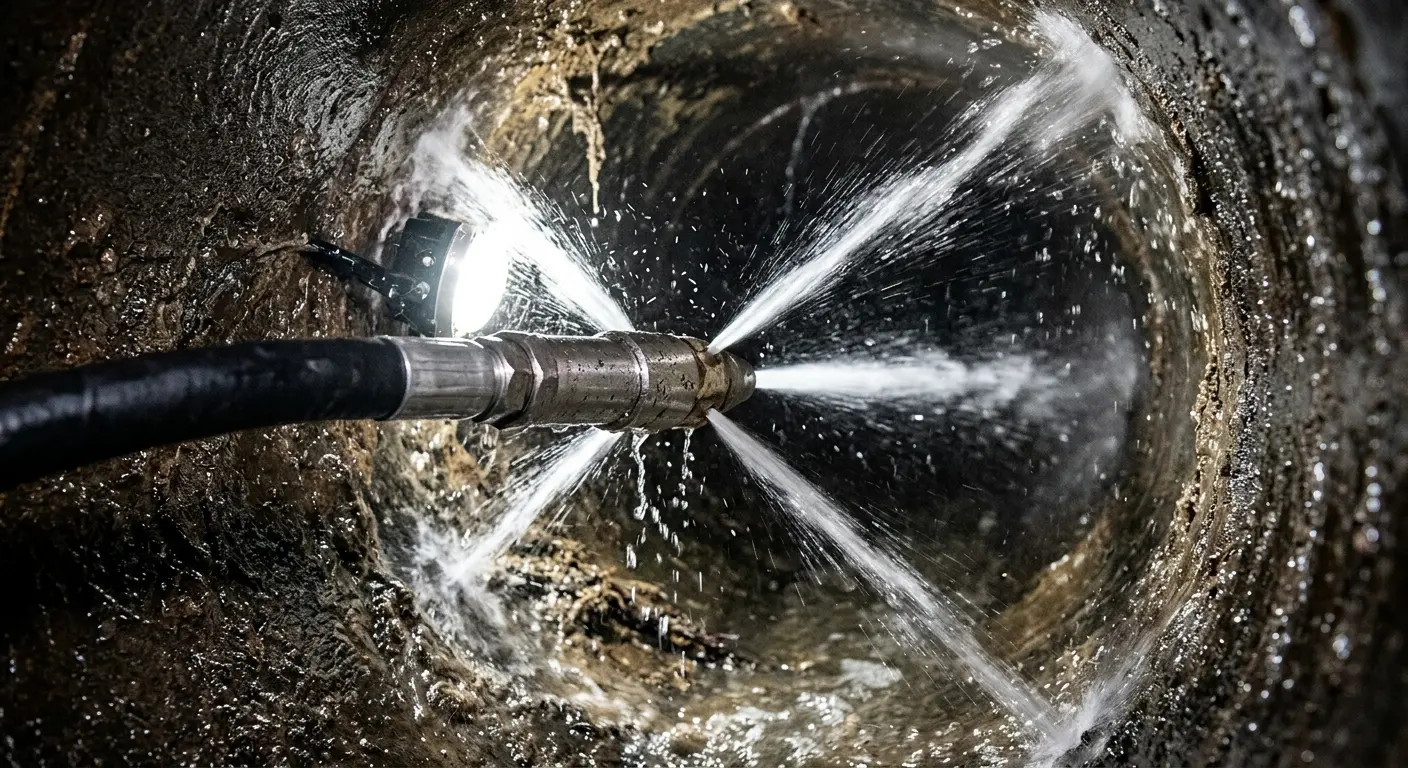 High-pressure hydro jetting nozzle cleaning sewer pipe for Sewer Cleanout in Clifton