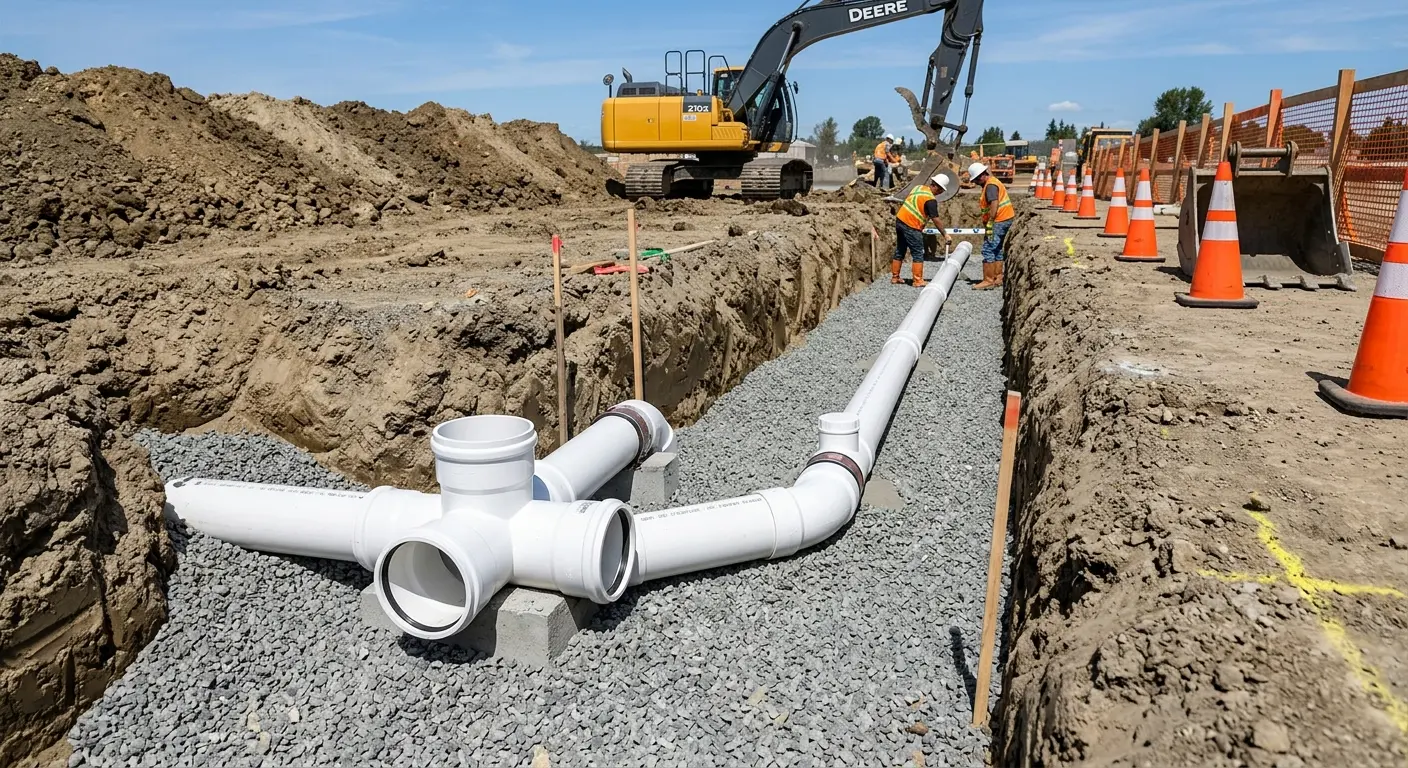 New PVC sewer pipe installation in open trench for Commercial Drain Cleaning in Clifton