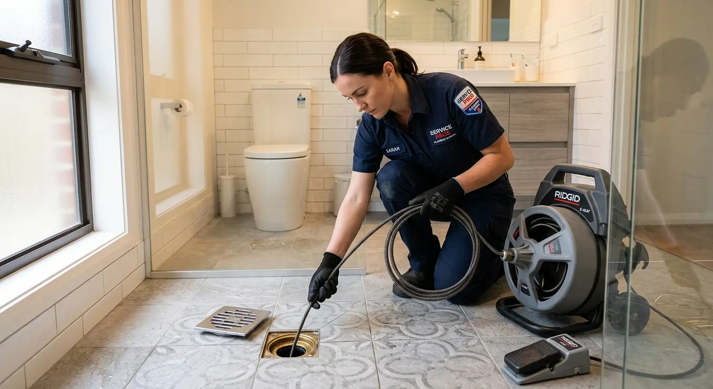 Technician clearing a bathroom floor drain for Clogged Drain Repair in Clifton